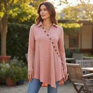 Soft Surroundings White Orange‎ Stripe Asymmetrical Button Tunic Top M Medium